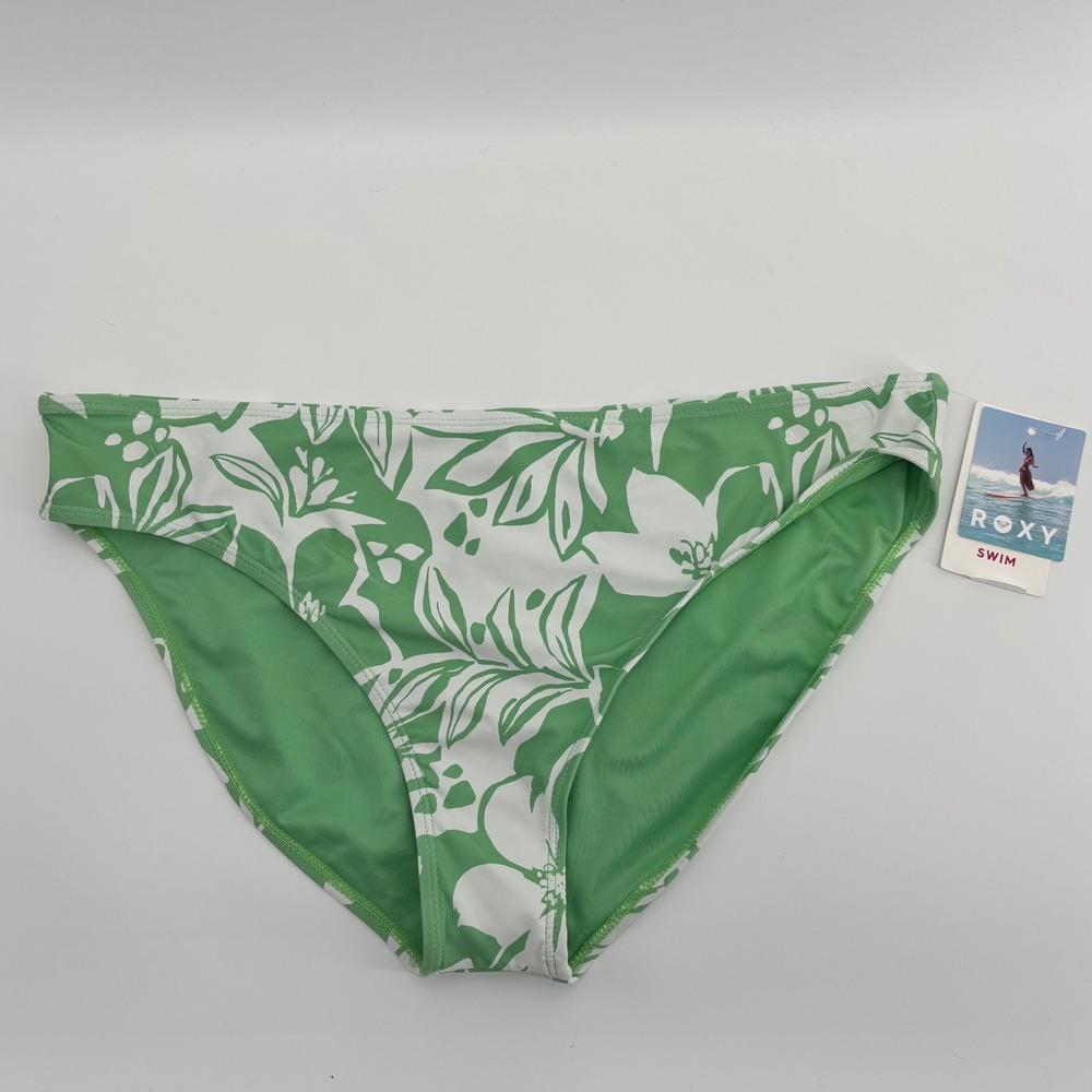 Roxy Green XL White Floral Tropical Bikini Swim Bottoms Nylon NWT
